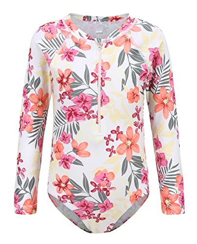 Image of Girls One Piece Swimsuits Long Sleeve Rash Guard for Kids Girls Hawaiian Swim Shirts UPF 50+ Sun Protection