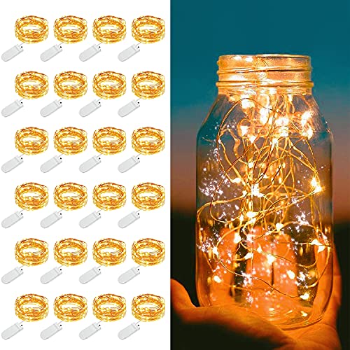 MUMUXI 24 Pack Fairy Lights Battery Operated, 7.2ft 20 LED Mini Waterproof String Lights Copper Wire Firefly Starry Lights for Wedding Party Mason Jars Crafts Christmas Decor, Warm White