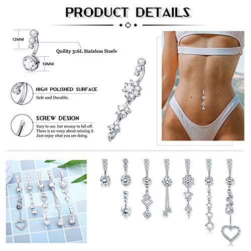Fibo Steel 8 Pcs Dangle Belly Button Rings For Women 316L Stainless Steel Heart Clear Cz Barbell Belly Rings Piercing Tassel Dangle Reverse Curved Navel Barbell Body Jewelry 14G Style2 #TOP1