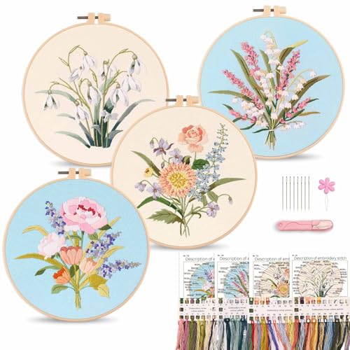 Image of Harimau Adult Beginner Embroidery Starter Kit, Complete Set with 4 Patterns, 2 Hoops, Needles, Scissors, Instruction Guide & Stitching Video Tutorials