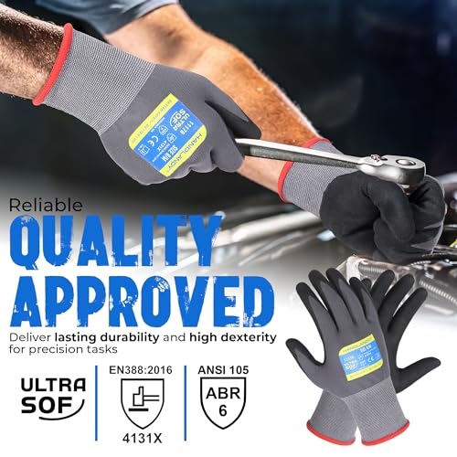Image of HANDLANDY 6 Pairs Safety Work Gloves with MicroFoam Nitrile Coated - Breathable Nylon Gloves with Grip for Men & Women