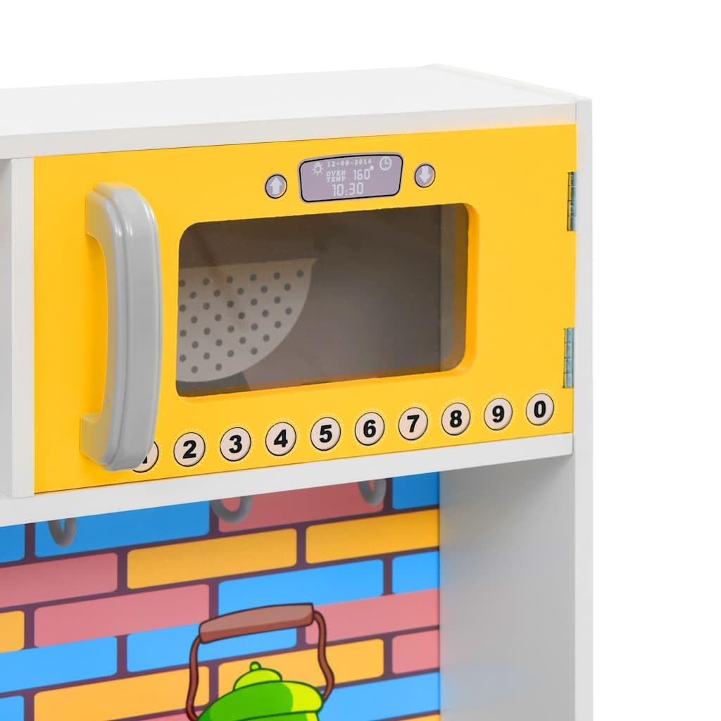 Kinderspielküche MDF mit Mikrowelle, Herd, Spüle und Kühlschrank 80 x 30 x 85 cm Mehrfarbig, pädagogisches Rollenspiel Zubehör für Kleinkind Mädchen Junge, Motorik Förderung