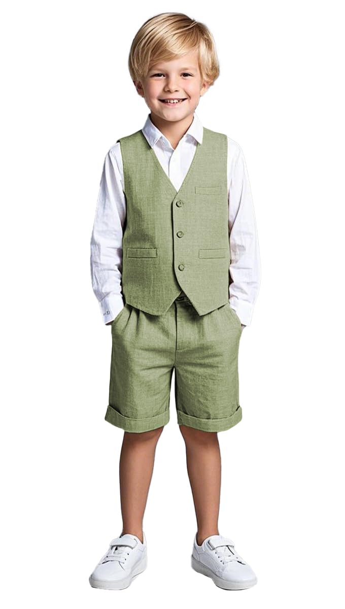 Traje de lino de 2 piezas para niños, chaleco y pantalones cortos, traje de verano para la playa, verde oscuro, 12 años