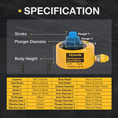 Image of 50T Hydraulic Cylinder Jack Ram 2.6 inch Stroke Solid Single Acting Multi-Section Stroke Hydraulic Ram Cylinder Hydraulic Lifting Jack Portable for Machinery, Bridge, RMC-501L