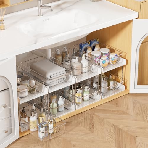 Image of Vtopmart 4 Pack Plastic Bathroom Under Sink Pull-Out Organizer (S-Standard, White)