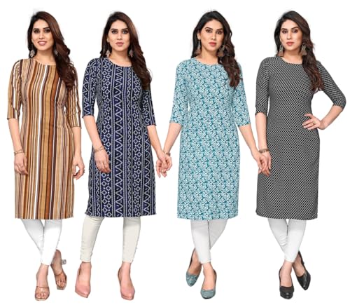 Image of JAKHANA Women's Crepe Printed Casual Straight Calf Length Round Nick Kurta Pack of 4