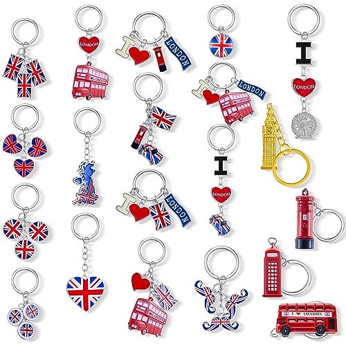 Inbagi 20 Pcs London Souvenir Keychains Bulk British Gift Key Rings for Christmas Decoration Ornaments Prize Multi Style