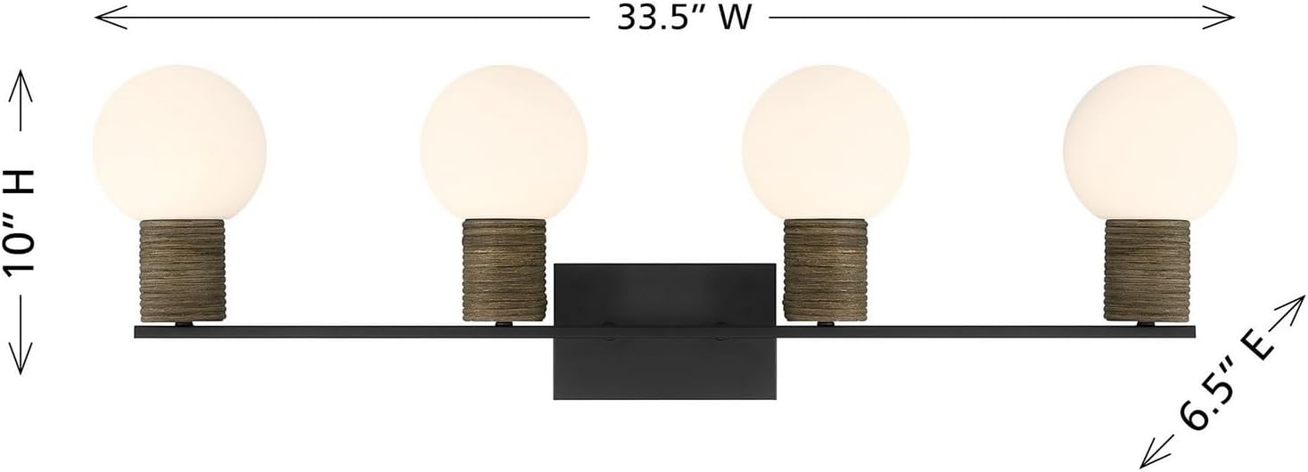 Savoy House 8-4081-4-BK Jarrell Modern White Opal Glass Orb Bathroom Vanity Wall Light with Rattan Accents, 4-Light 240 Total Watts, 10" H x 34" W, Matte Black