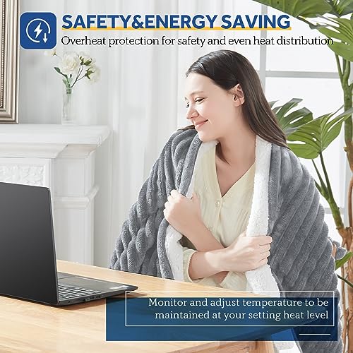 Sealy Heated Blanket Electric Throw, Ribbed Flannel to Sherpa,50"x60" Heating Blanket Throw, 6 Heat Levels & 2-10 Hours Auto-Off Over-Heat Protection, Machine Washable, Light Grey - Image 4