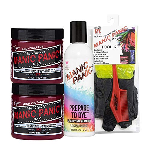 Manic Panic Vampire Red Hair Dye - Classic High Voltage - (2PK) Bundle with Prepare to Dye Clarifying Shampoo and Hair Dye Tool Kit