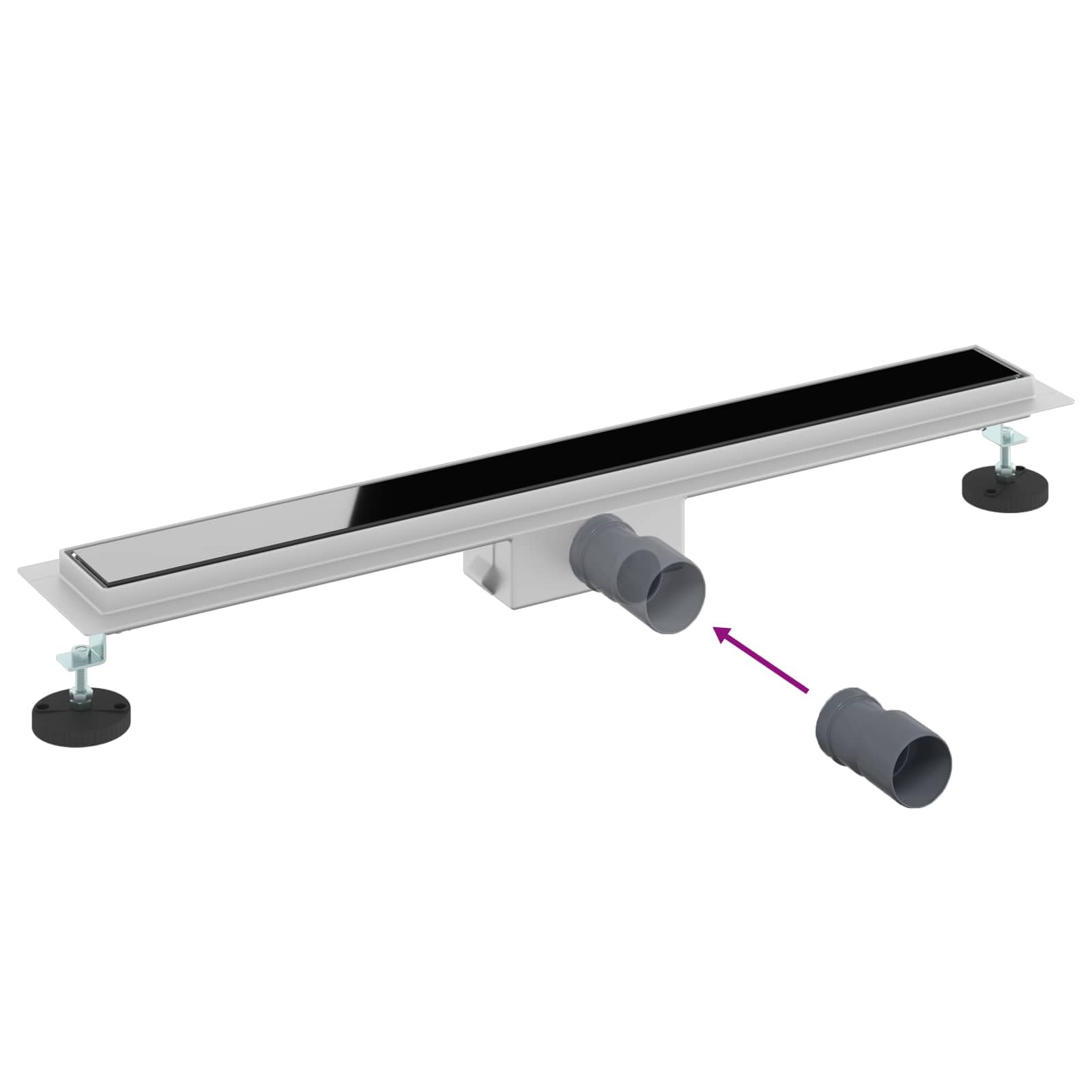 Piletta doccia con coperchio in vetro nero in acciaio inox 304, lunghezza 80 cm, regolabile in altezza 0-30 mm, con piedini regolabili, a filo pavimento, ideale per bagno, doccia, design