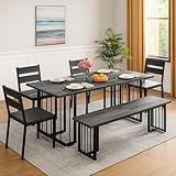 DWVO 63 Inch Dining Table Set for 6-8 People 6-Piece Large Kitchen Table Set with 2 Benches and 4 Chairs Farmhouse Rectangular Dining Room Table for Kitchen Dining Room Apartment Dark Grey