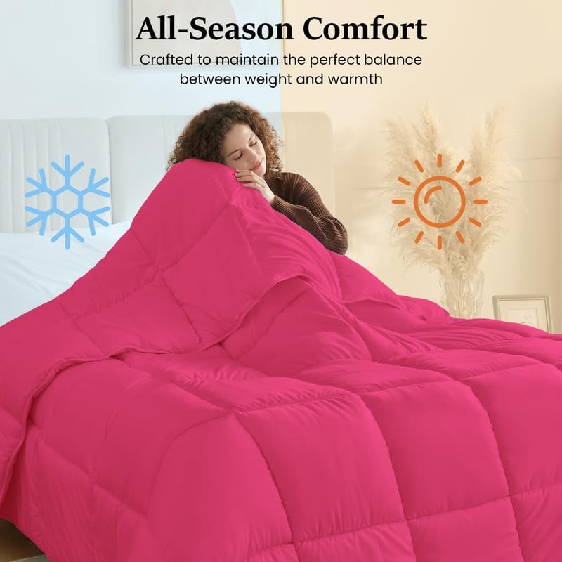 Comforter 100% Pima Cotton 600 TC, 300 GSM Premium Luxury All Season 1PC Comforter, Ultra Soft Breathable Quilted Bedding – Extra Large (120 x 120 Inches), Hot Pink