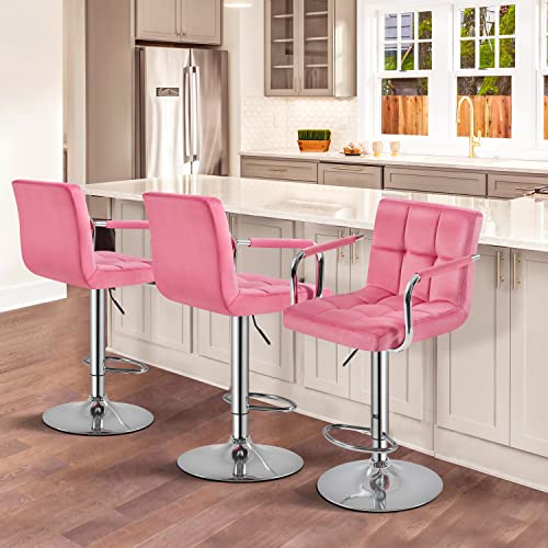 Butacos giratorios ajustables Topeakmart, set de 2, tapizados en tela no tejida y espuma, color rosa, con reposabrazos, rotación 360°, base de 16 pulgadas, capacidad de 330 lb, para cocina o bar miniatura 2