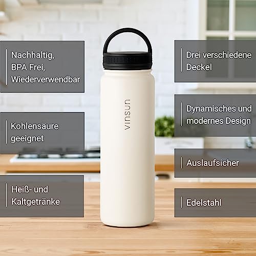 Vinsun Edelstahl Trinkflasche 750ml mit Strohhalm Deckel - 3 Deckel inkl. – Ansicht 2