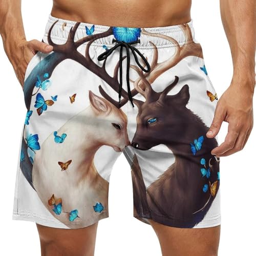 Men & Boys Fit Swim Trunks for Beach Athletic Hiking Quick Dry Drawstring Essentials Half Pants with Pockets Lining, Beachwear Two Deer Yin Yang, Butterflies Art Fashion Swim Trunks