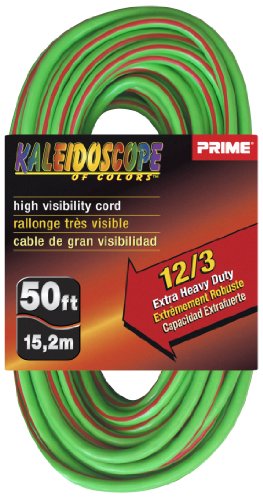 Prime KC500541 50-Foot 12/3 SJTW Kaleidoscope Extra Heavy Duty Outdoor Extension Cord with Primelight Indicator Light, Lime Green and Red