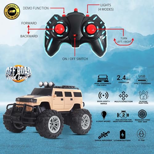 Image of popsugar Off Roader Rechargeable Remote Control Car | RC Car Monster Truck | 4 Headlight Modes | Lithium Battery | C-Type Charging | 2.4GHz Remote Controller | Made in India, Baige