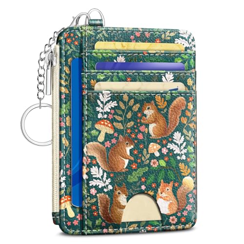Image of Kelvoris Cute Squirrels Credit Card Holder Small Wallet Women, Slim RFID | Keychain, Zipper Coin Pocket, Front Pocket Thin Travel Card Case, Minimalist, 6 Card Slots, 1 ID Window, Ladies Gifts Woman