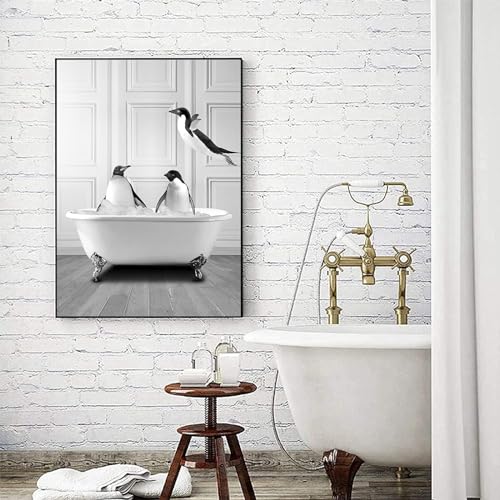 LYBOHO Black White Scottish Highland Cow Bathroom Pictures Funny Animal in the Bathtub Canvas Pictures for Living Room Bathroom Bedroom Decorative Frameless (1 Piece