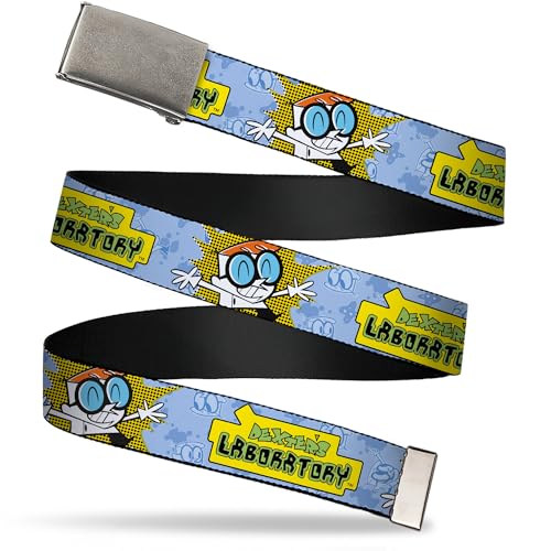 Buckle-Down Warner Bros. Animation Belt, Flip Web Belt Dexters Laboratory Title Logo and Pose Blues Yellow Black, 1.25 Inch Wide, Fits up to Size 42