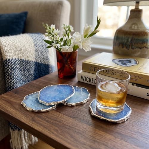 Image of Natural Agate Stone Tea Coasters Set | Premium Stone Coasters for Tea, Coffee & Glass | Heat Resistant Coasters for Dining Table, Office Desk & Home Decor | Pack of 4 | Color -Blue