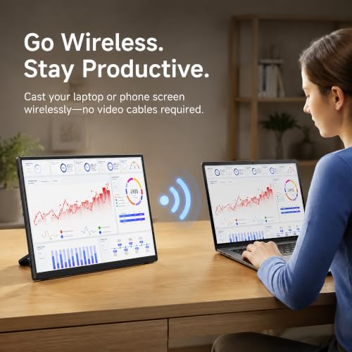 Image of Wireless Portable Monitor 15.6 inch, 8000mAh Battery, 1080P FHD IPS | 4H Runtime, 360 Rotating Stand, AirPlay & Miracast, USB-C & HDMI, VESA, Carry Bag, Wired /Wireless for MacBook, Laptop, Phone