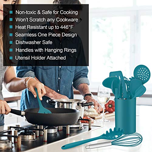 Image of LIANYU 12-Piece Silicone Kitchen Cooking Utensils Set with Holder, Kitchen Tools Include Slotted Spatula Spoon Turner Ladle Tong Whisk, Dishwasher Safe, Dark Blue