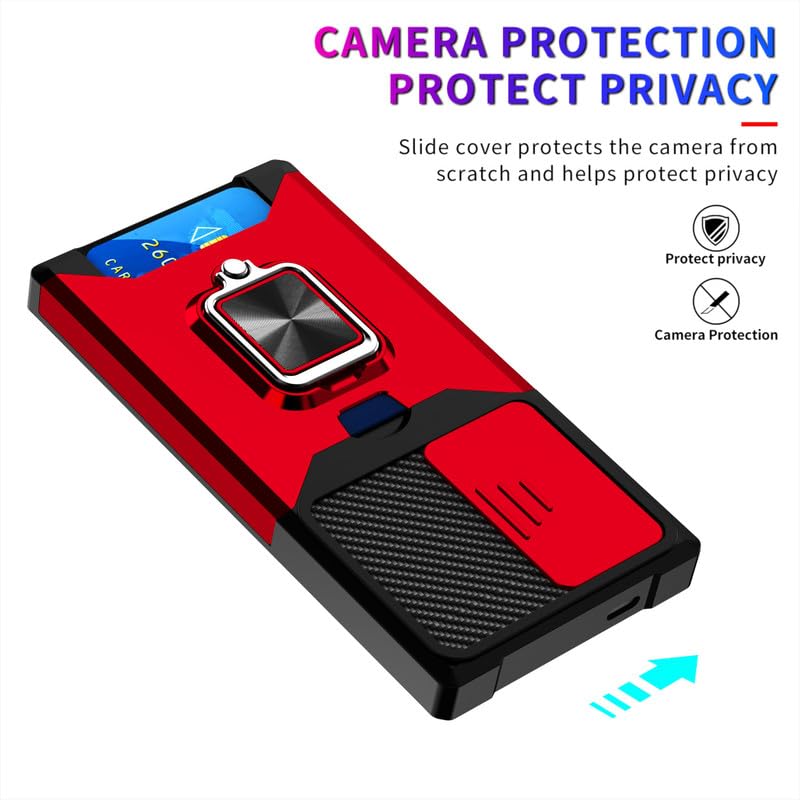 Image of LuxuryKase Shockproof Armor Case for Samsung Galaxy S24 Ultra | Slide Camera Cover | Hidden Card Slot | Rotating Ring Kickstand | Magnetic Car Mount Support | Military Grade Protection - Red