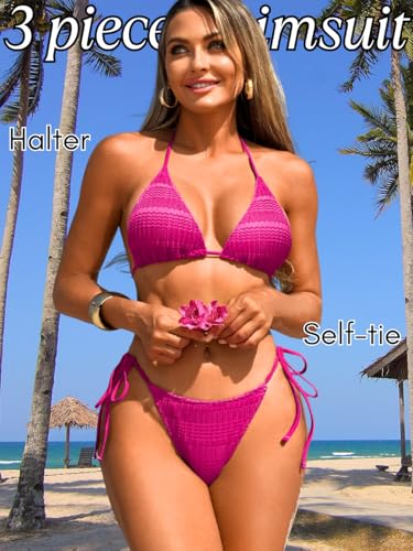 Women 3 Piece Crochet Swimsuits, Halter Triangle Bikini Set with Cover Up Skirt, Side Tie String Thong Bathing Suit2