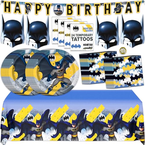 Batman Birthday Decorations and Party Supplies | Serves 16 | Masks Tattoos Banner Tablecloth Plates Napkins Sticker | Officially Licensed