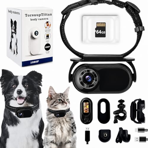 1080P Dog & Cat Camera Collar with 64GB Card Mini Wearable POV Camera for Humans Wireless Pet Cam for Video/Photo Portable Sport Action Camera with Multi-Mount Accessories for Vlogging & Pets