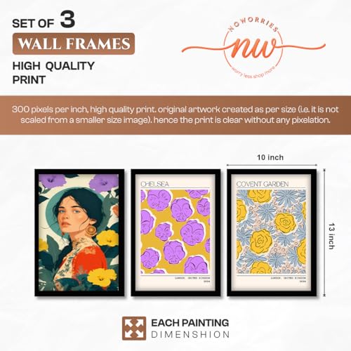 Image of NoWorries Modern Portrait Art & London Floral Wall Frames Paintings | Chelsea & Covent Garden Botanical 300 GSM Premium Prints | Stylish Home Decor for Living Room, Office & Bedroom | Synthetic Wooden Wall Art Frames (Set of-3) (BLACK, ART-11, 10X13INCHES)