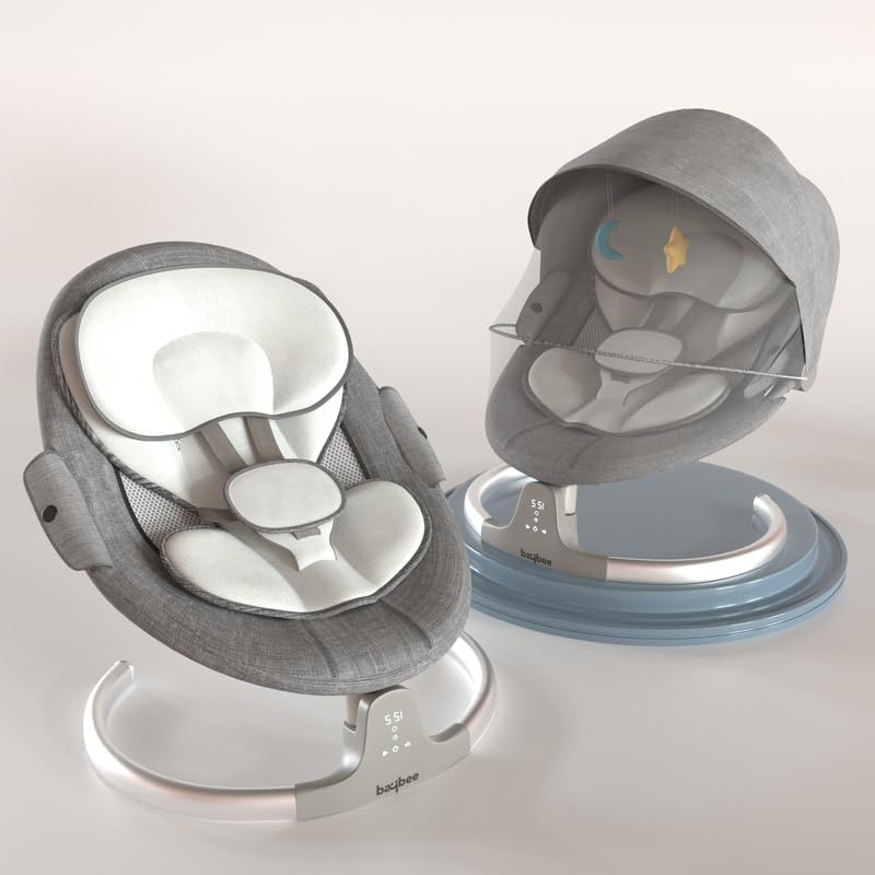 BAYBEE Lullabies Automatic Electric Baby Swing Cradle for Toddler with Adjustable Speed, Recline, Remote | Rocker with Mosquito Net, Music, Safety Belt | Swing for Baby (Light Grey)