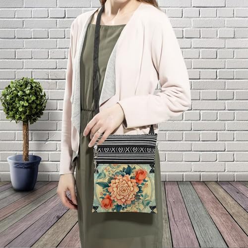 Colorful Flower Messenger Bag Small Ethnic Pattern Printed Adjustable Strap Crossbody Zipper Bag Colorful Flower Phone Bag Wallet Cute Shoulder Handbag for Women Friends -63