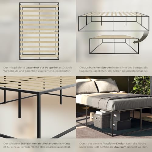 tectake® Bett 140x200 cm, Metall Bett mit Lattenrost, Bettrahmen mit Stauraum, großes Bettgestell ohne Kopfteil, als Ehebett, Einzelbett, Jugendbett, Gästebett, für Schlafzimmer - 140 x 200 x 46,5 cm – Bild 7