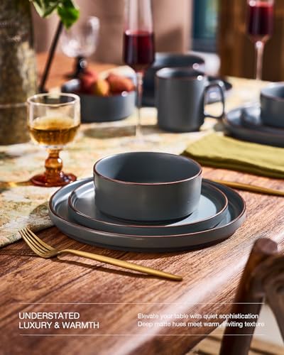 Image of Famiware Nebula Ridge Stoneware Dinnerware Sets for 8, 24 Pieces Plates and Bowls Sets, Dishes Set, Microwave and Dishwasher Safe Kitchen Plates, Charcoal