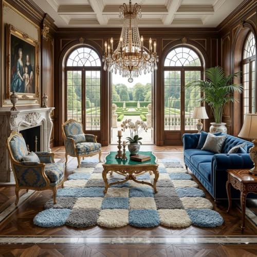 Image of SWEET HOMES Irregular Carpet Handwoven Shaggy Checkered Area Rug | Ultra Soft Plush Anti-Skid Backing, 12 x 15 Feet (366 x 457 cm), Blue & Grey