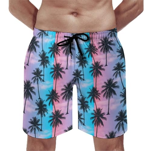 Men's Beachwear Quick Dry Purple Sky Palm Trees Board Shorts Flat Front Short with Pockets Fashion Vacation Beach Shorts