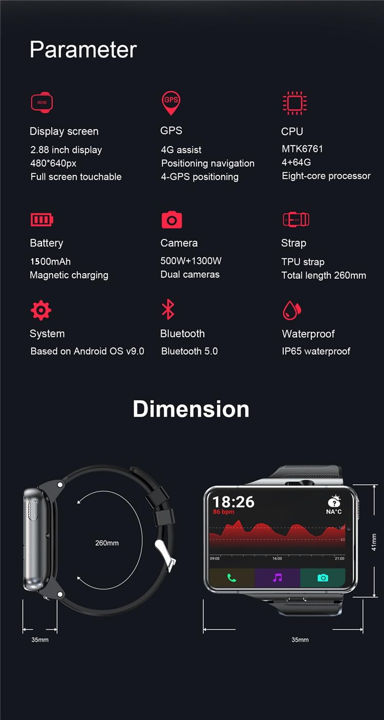 Inteligentny zegarek 4G/WIFI dla mężczyzn i kobiet, ekran dotykowy HD o przekątnej 2,8 cala, bardzo duży inteligentny zegarek, bateria 2300 mAh, aplikacje do połączeń z aparatem, GPS TV,