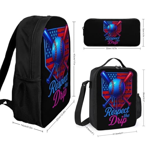 Baseball Respect The Drip American Flag Game Day Backpack Set 3 Pieces Backpacks Lunch Bag Wallet For Travel Outdoor Sports2