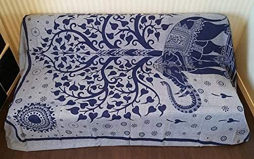 Goodforgoods Cubre Sofa Tapiz Pared Colcha Cama Pareo Grande XXL Diseño Mandala Elefantes Árbol de la Vida 100% Algodón 210x240 cm. (Azul-Beige, 210x240cm)