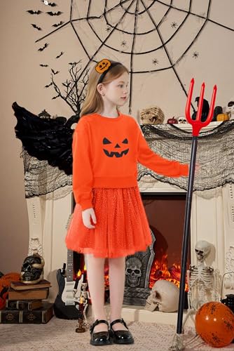 Image of Arshiner Toddler Girl Clothes Long Sleeve Pullover Sweatshirt and Layered Tutu Skirt Kids Halloween Clothing Set 5-6Y