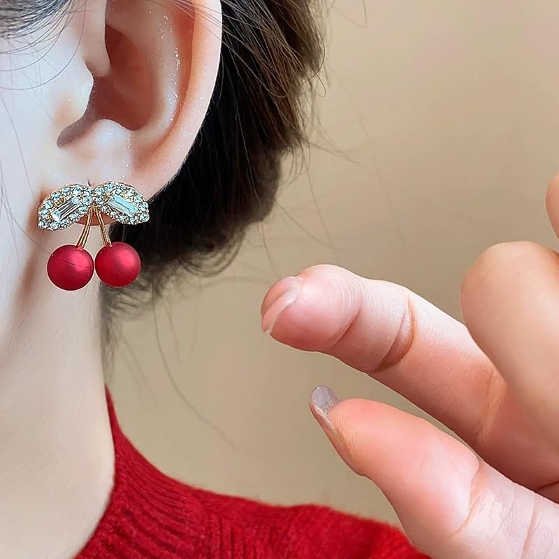 Crystal Red Cherry Stud Earrings for Women Cute Shining Rhinestone Fruit Cherry Dangle Drop Earrings Summer Jewelry - Image 4