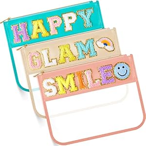3 Pcs Chenille Letter Clear Zipper Pouch for Travel Waterproof Cosmetic Pouch Clear Snack Bags Nylon Travel Gym Beach Bag Multipurpose Makeup Bag for Women Girl (Bright Color, Happy, Glam, Smile)