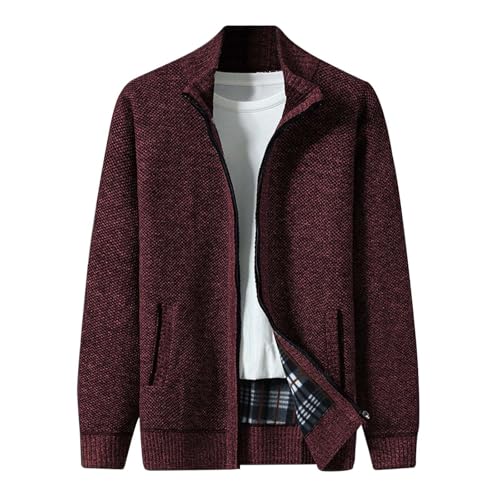Mens Fleece Lined Thickened Warm Cardigan Sweater Autumn Winter Coat Stand Collar Full Zip Soft Knit Casual Wind-Resistant Durable Jackets for Men Leisure Outerwear Office Daily Wear