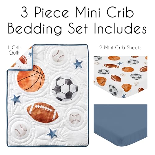 Image of Sweet Jojo Designs Sports Theme Boy Baby Mini Crib Bedding Set Infant Nursery Room Newborn Blanket Portable Pack n Play Sheets 3p Watercolor Vintage Soccer Balls Football Baseball Basketball Blue Star