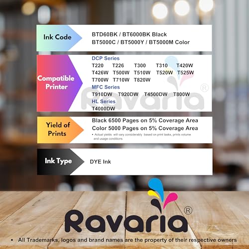 Ravaria BT-D60BK / BT6000 and BT5000CMY Compatible Ink for Brother Printer T220, T420, T520, T820, T920, T510, T910, T710, T4000W, T4500W, T300W, T800W (BT-D60BK / BT6000 and BT5000C 4 Color Set) view 2