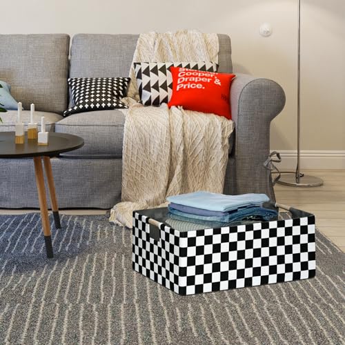 Image of Checkered Storage Basket Foldable Nursey Box | 16.9 inch Storage Cube for Women Closet Organizer Boys Car Toys Bins with Handles | Sturdy Cardboard & Washable Fabric 2Pack