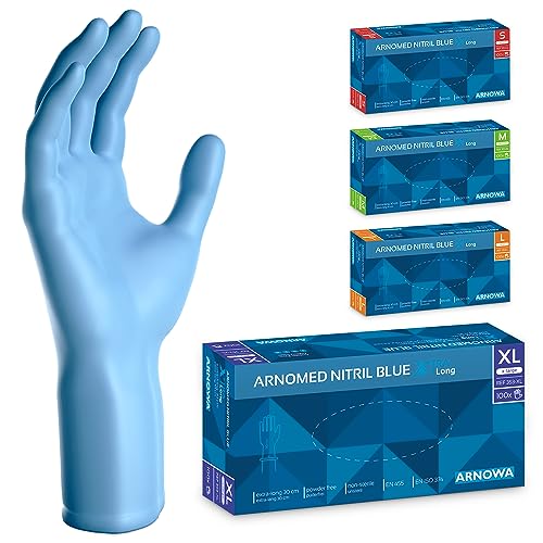 ARNOMED Guanti nitrile monouso blu extra lunghi, Guanti monouso lunghi 30 cm in XL, Guanti monouso nitrile extra spessi, 100 pz/scatola, guanti nitrile resistenti usa e getta lunghi S, M, L & XL
